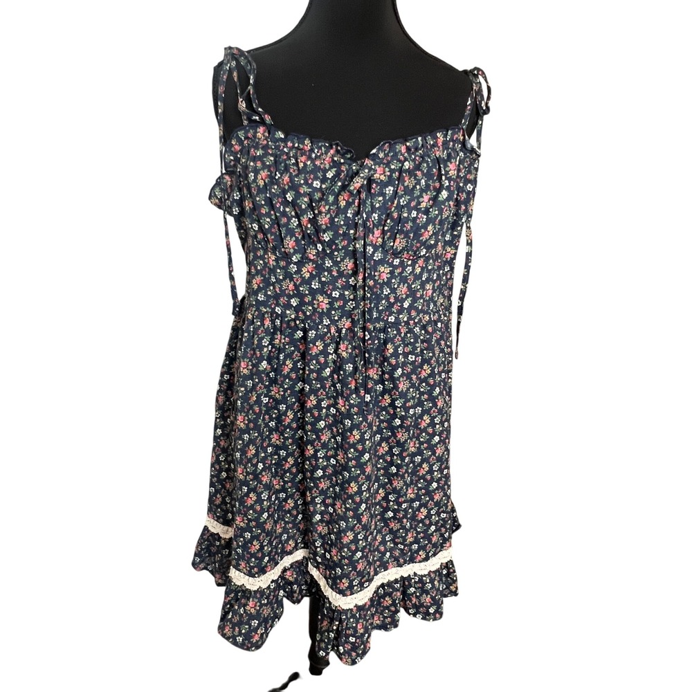 Cider Navy Floral Mini Dress with Lace Trim